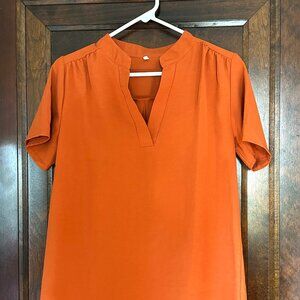 Split V-Neck Rust-Colored Short-Sleeve Chiffon Blouse